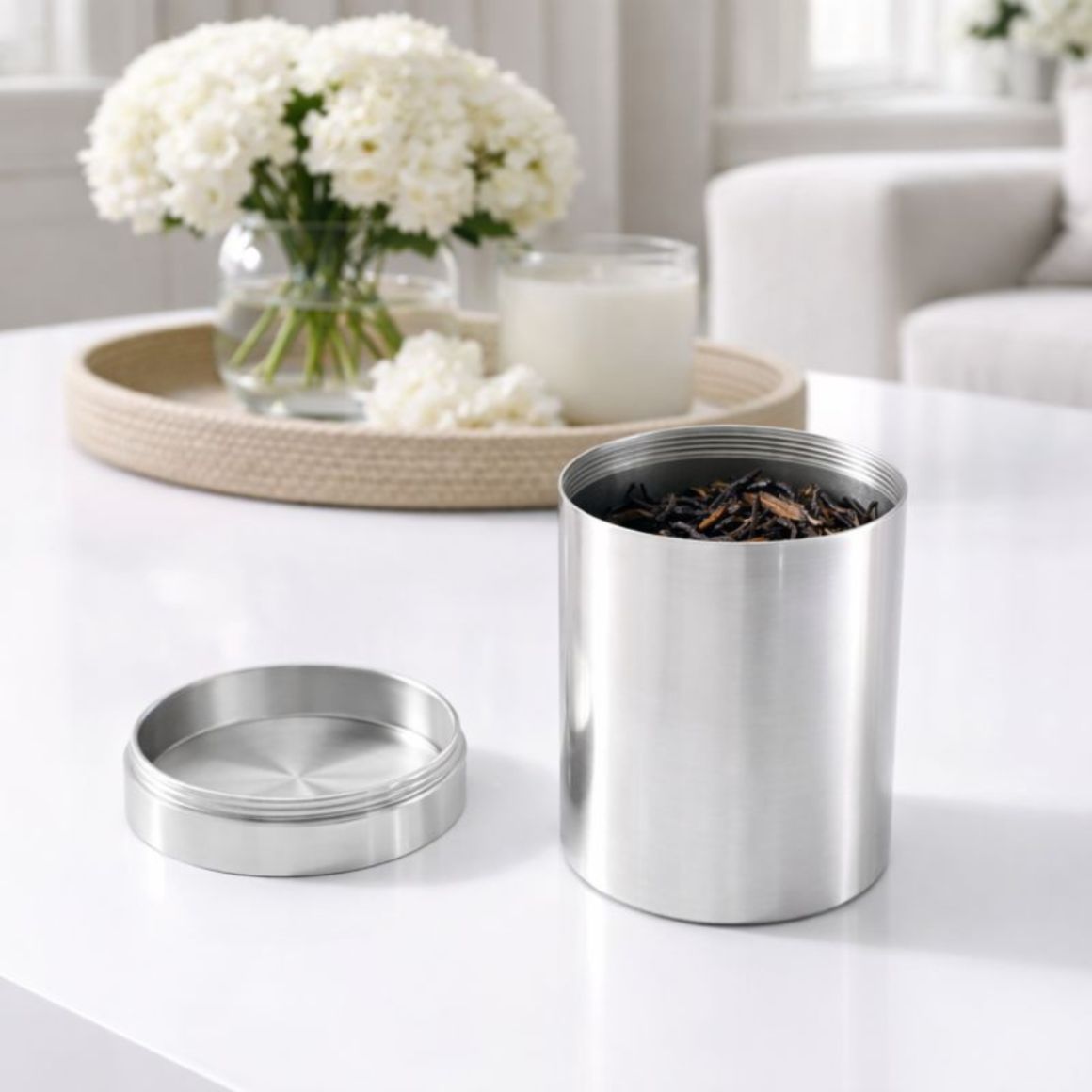 Luxury Brass Tea Canister Airtight Storage Jar 150mL Foldable Gold/Silver Eco-Friendly Modern Home Decor Kitchen Handcrafted - Silver