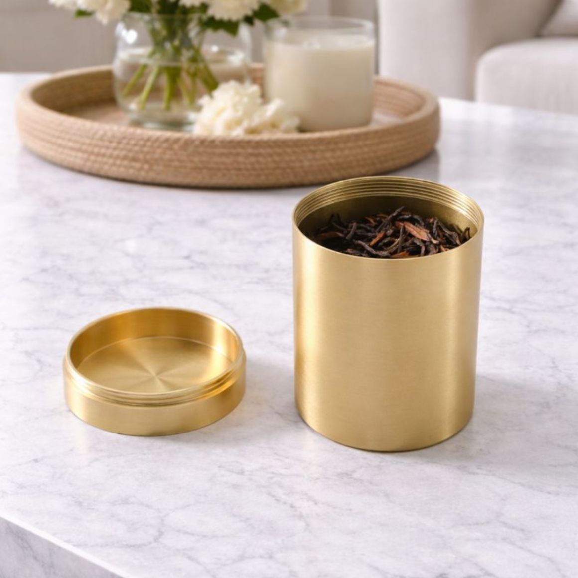 Luxury Brass Tea Canister Airtight Storage Jar 150mL Foldable Gold/Silver Eco-Friendly Modern Home Decor Kitchen Handcrafted - Gold