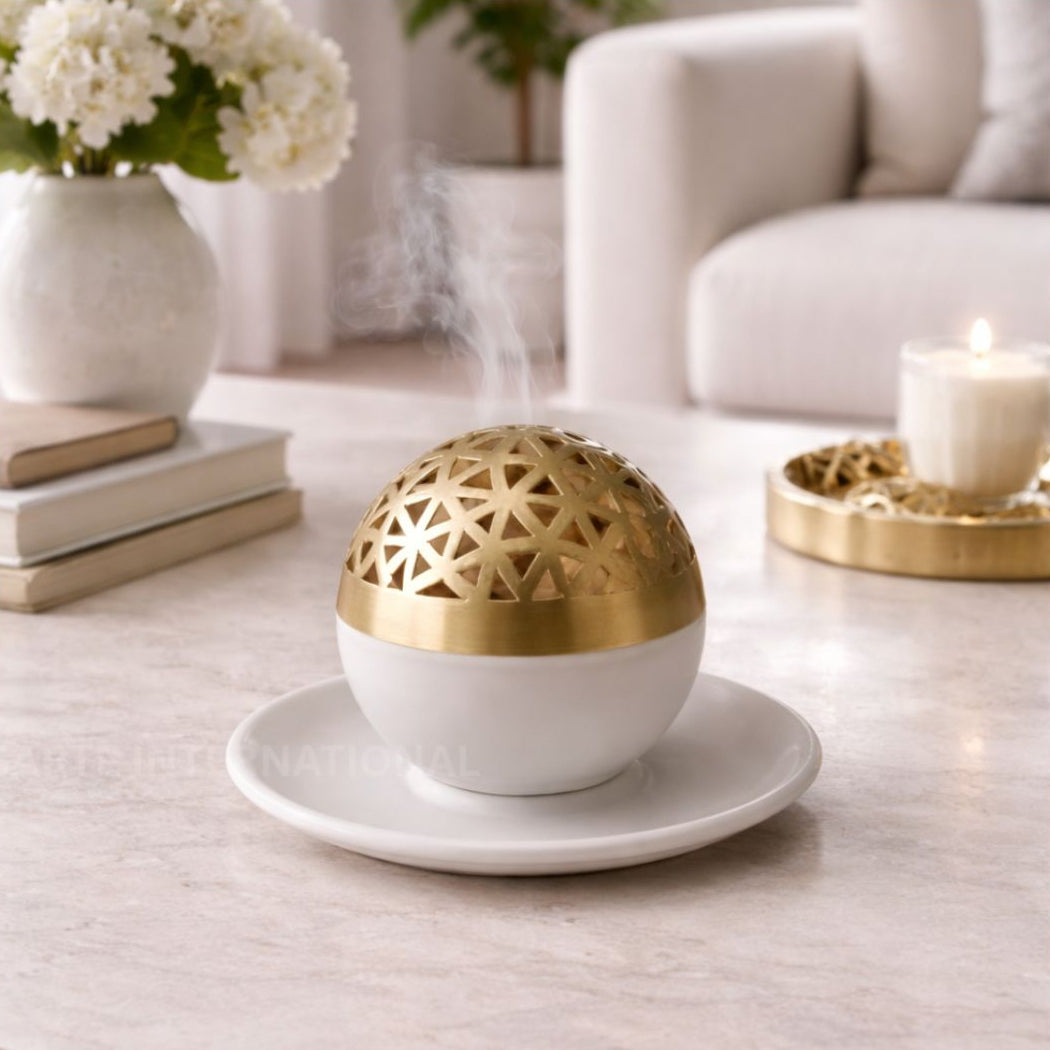 Custom Mubkhar Brass Incense Burner Gold Bakhoor Burner with White Marble and Gold Brass for Arabic Home Decor Gifts