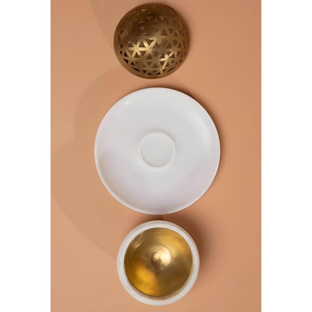 Custom Mubkhar Brass Incense Burner Gold Bakhoor Burner with White Marble and Gold Brass for Arabic Home Decor Gifts