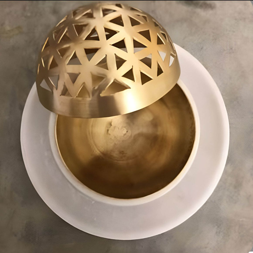 Custom Mubkhar Brass Incense Burner Gold Bakhoor Burner with White Marble and Gold Brass for Arabic Home Decor Gifts