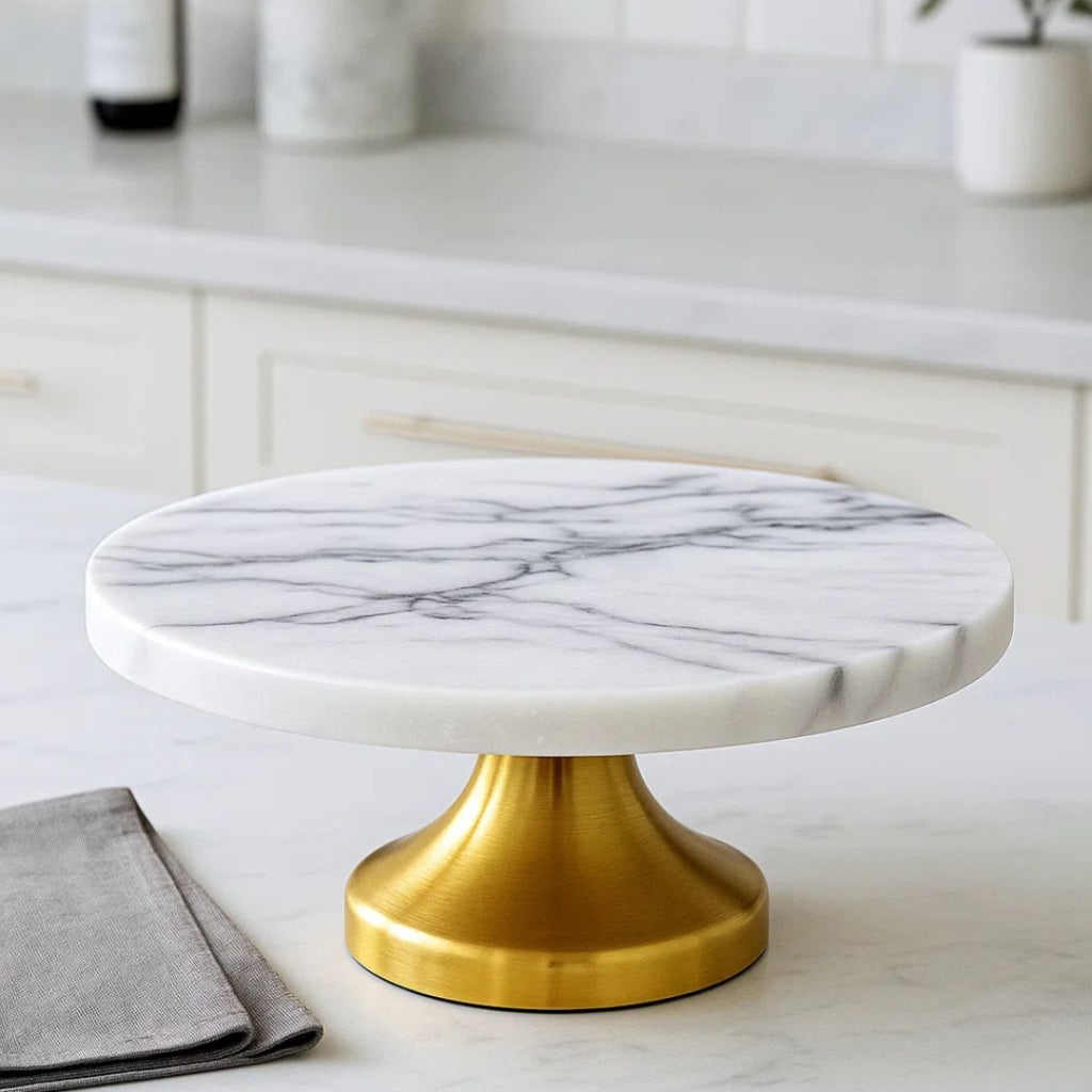 Luxury Natural Marble Modern Non-Stick Eco-Friendly Cake Stand Golden Base Elegant Dessert Display Wedding Birthday Party Tools