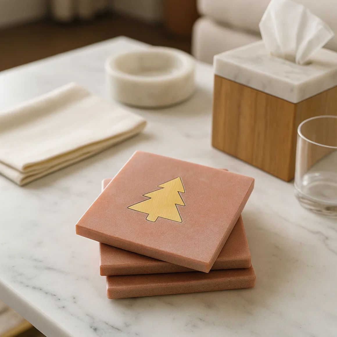 Luxury Premium Customized Natural Color Marble Coasters Brass Tree Design Eco-Friendly Heat Resistant Modern Festive Christmas