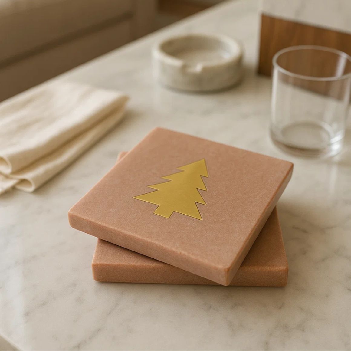 Luxury Premium Customized Natural Color Marble Coasters Brass Tree Design Eco-Friendly Heat Resistant Modern Festive Christmas