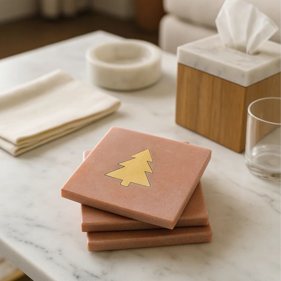 Luxury Premium Customized Natural Color Marble Coasters Brass Tree Design Eco-Friendly Heat Resistant Modern Festive Christmas