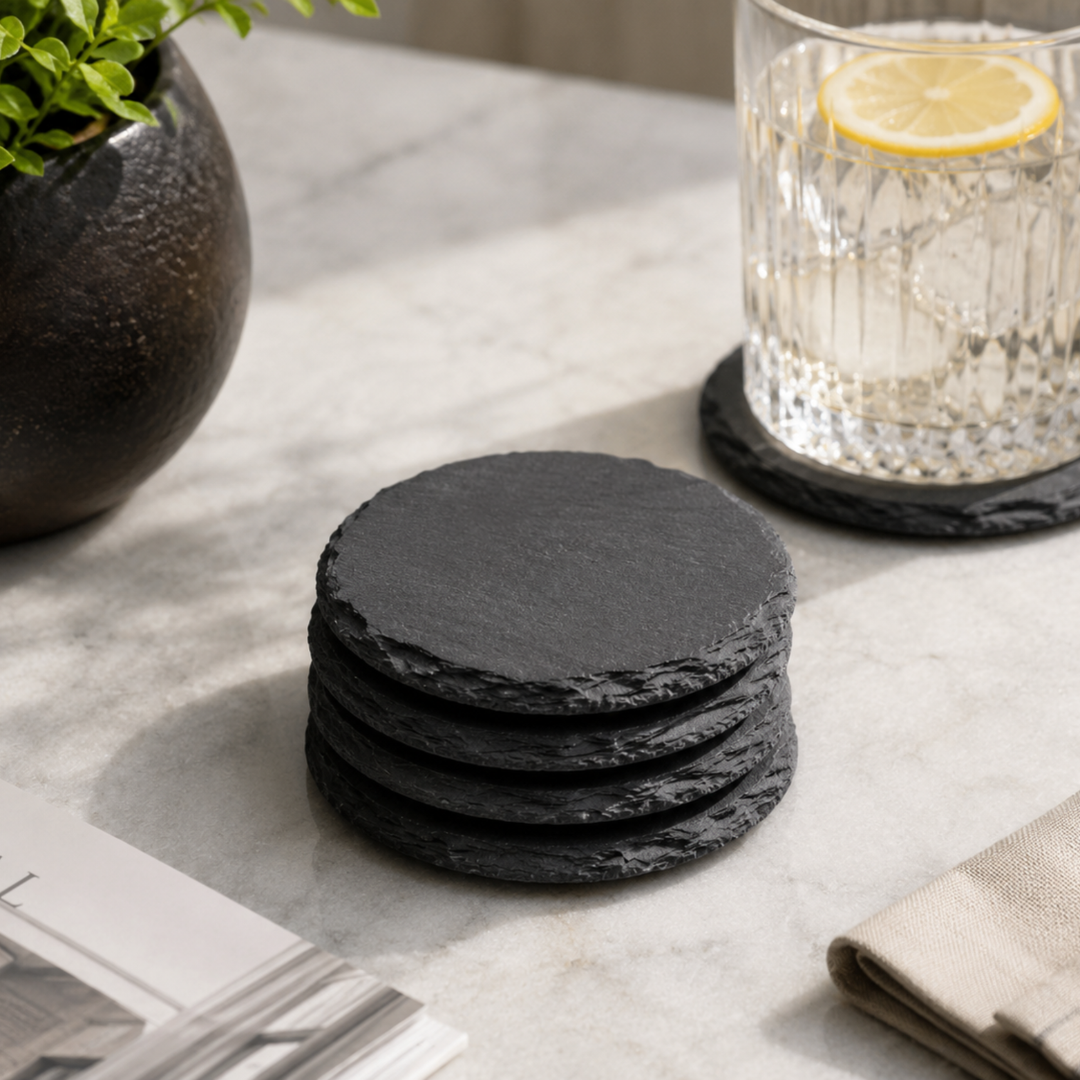 Luxury Natural Black Slate Stone Coaster Set | Handmade Round Drink Coasters | Premium Home, Bar & Hospitality Decor