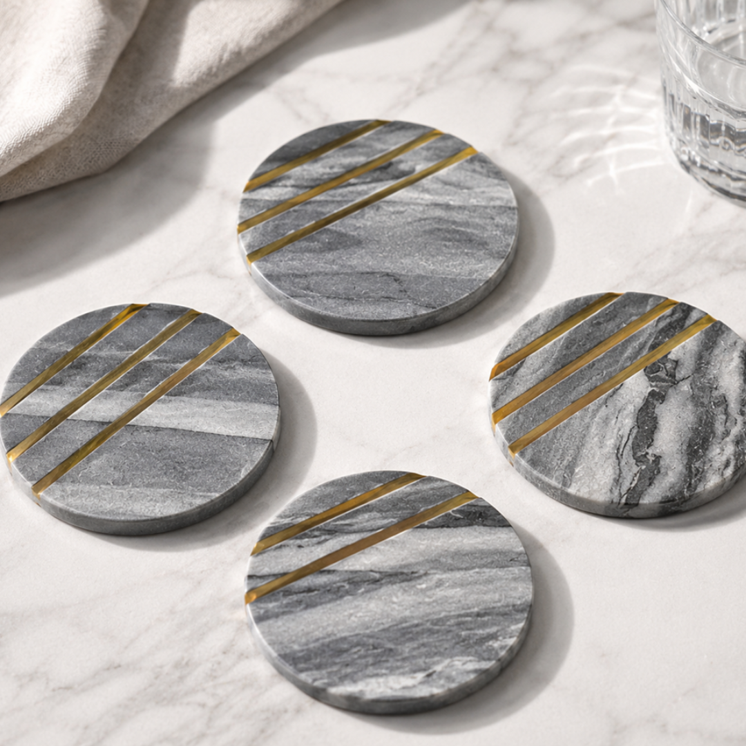 Grey Marble Coaster Set with Brass Inlay