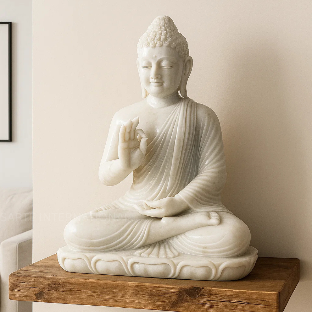 Luxury White Marble Buddha Statue Handmade Carved Spiritual Decor Premium Quality Hand Polished Living Room Bedroom Temple