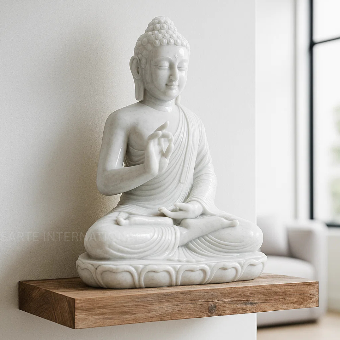Luxury White Marble Buddha Statue Handmade Carved Spiritual Decor Premium Quality Hand Polished Living Room Bedroom Temple