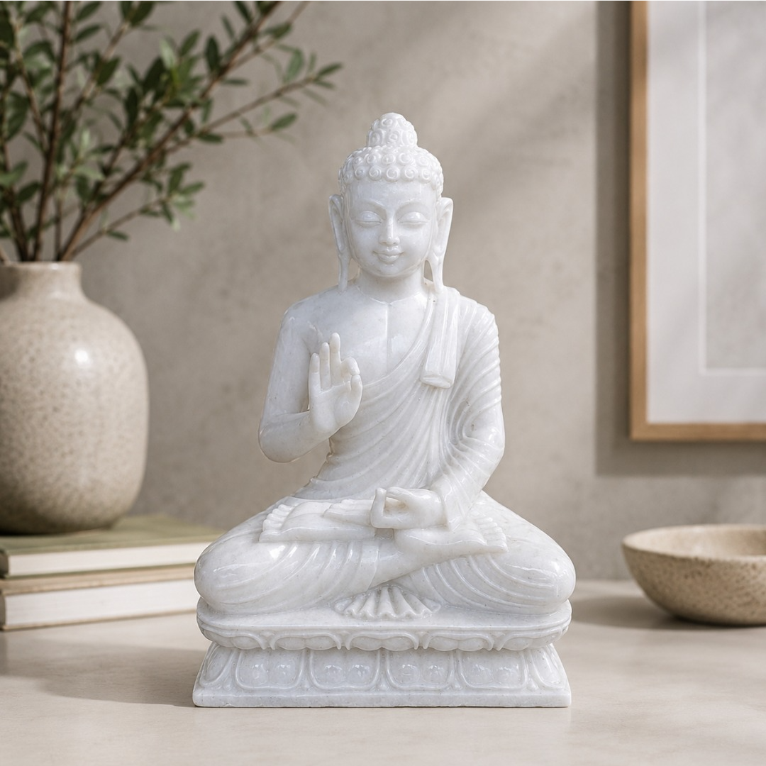 Luxury White Marble Buddha Statue Handmade Carved Spiritual Decor Premium Quality Hand Polished Living Room Bedroom Temple