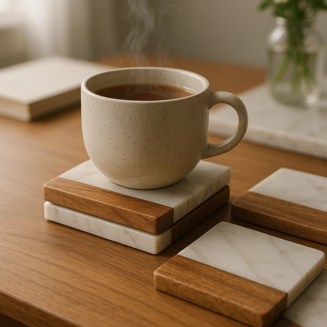 Natural Marble Coaster Set with Holder