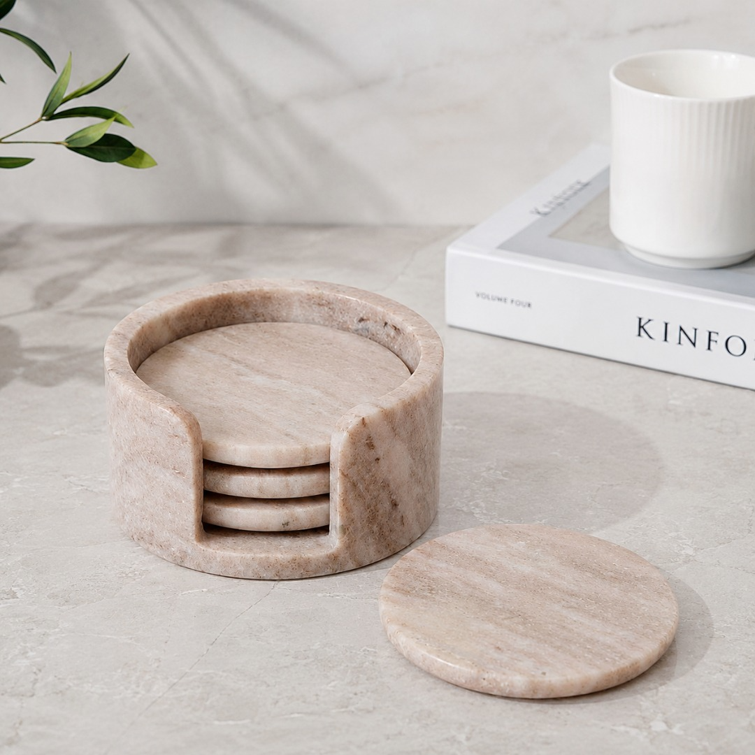 Natural Marble Coaster Set with Holder