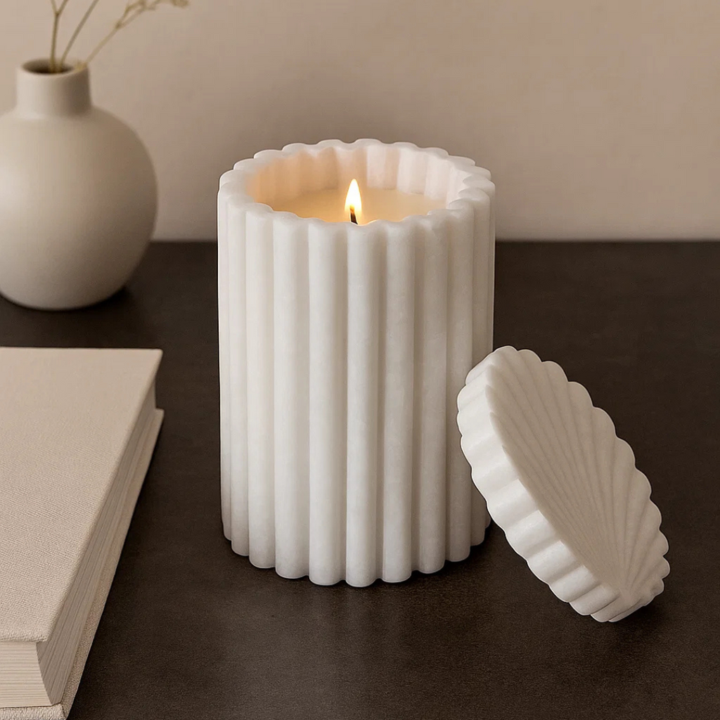 Natural Travertine Candle Holder with Brass Moon Accent