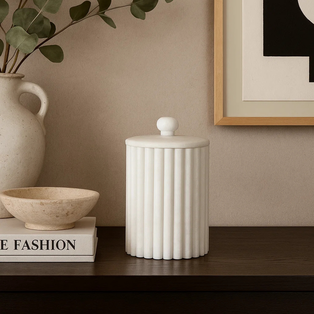 Natural Travertine Candle Holder with Brass Moon Accent
