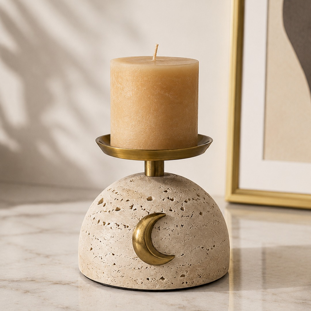 Natural Travertine Candle Holder with Brass Moon Accent
