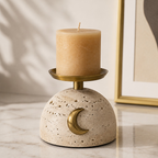 Natural Travertine Candle Holder with Brass Moon Accent
