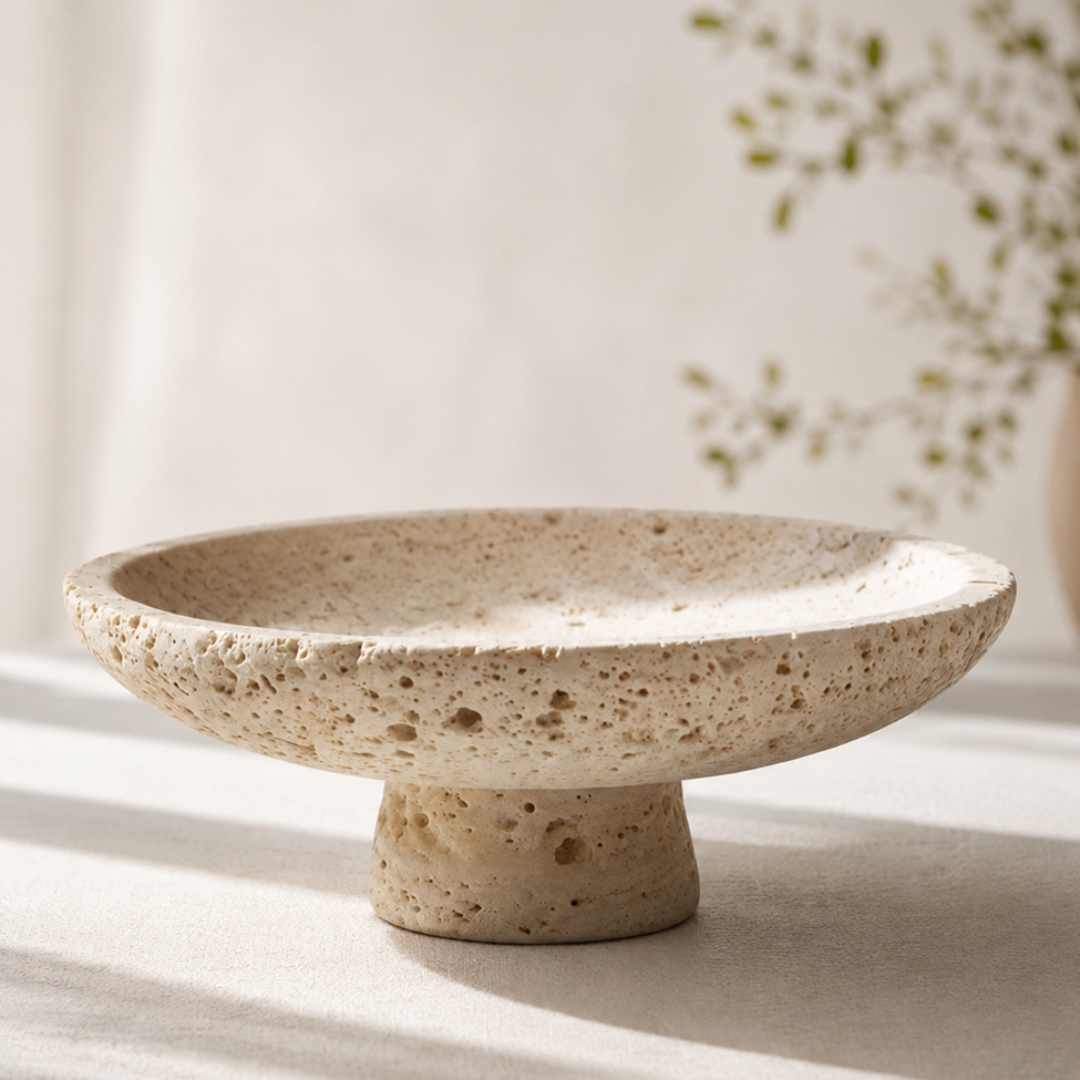 Natural Travertine Stone Pedestal Serving Bowl
