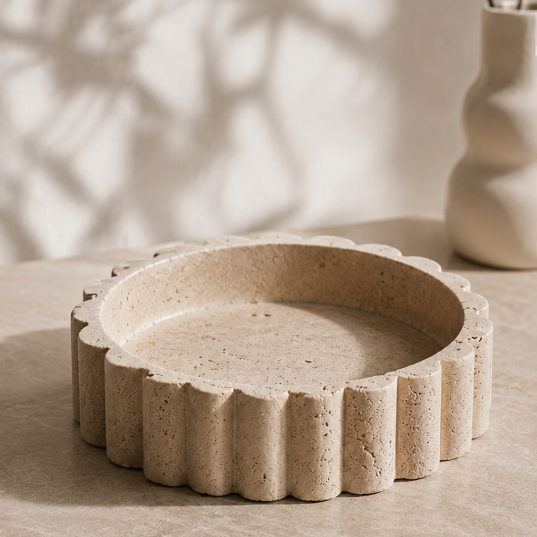 Natural Travertine Stone Scalloped Decorative Bowl