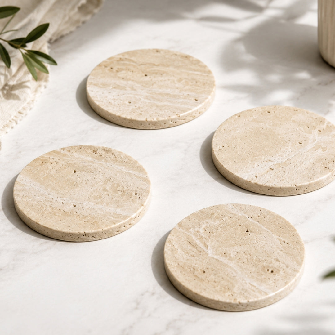 Natural travertine stone round coaster set in beige
