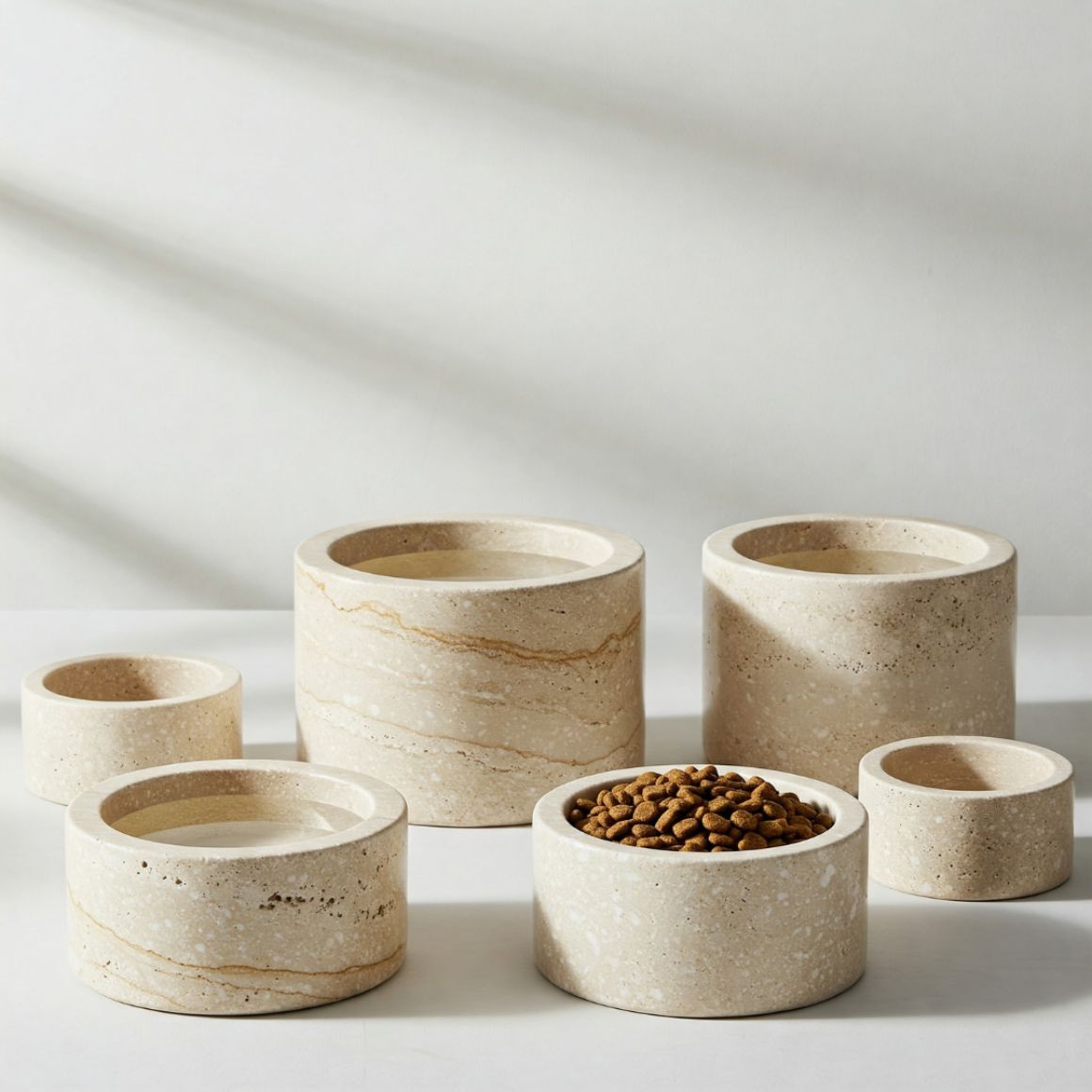 Luxury Travertine Pet Bowls Natural Stone Non Toxic Dog Cat Bowls Durable Stylish Eco Friendly Carved Customizable Indoor