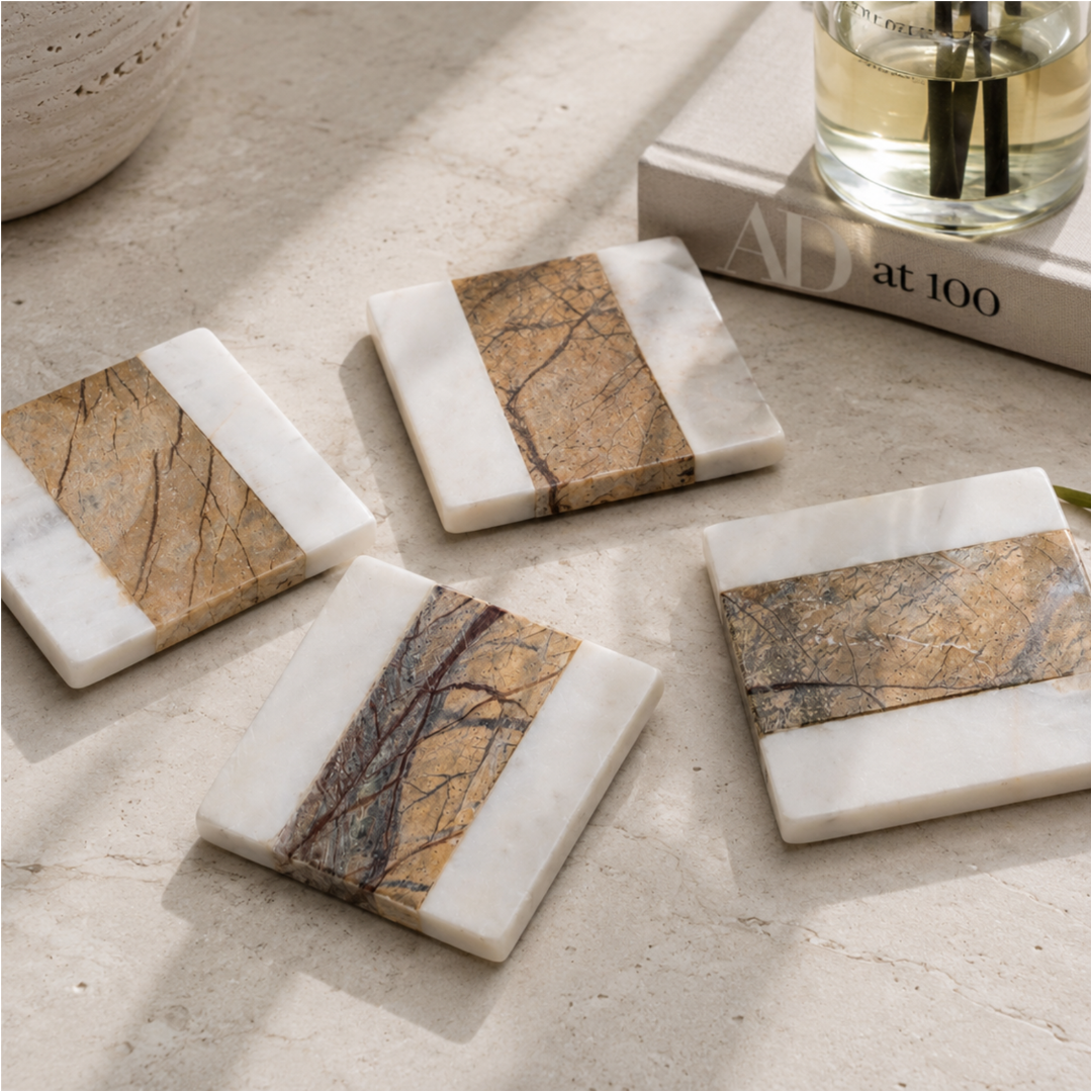 Luxury White Marble & Rainforest Marble Coaster Set | Handmade Natural Stone Drink Coasters | OEM Manufacturer & Bulk Exporter
