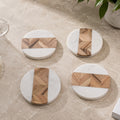  Round natural marble coasters with geometric wood inlay