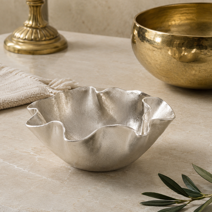 Silver Ruffled Decorative Bowl | Sculptural Luxury Centerpiece for Modern Home Décor