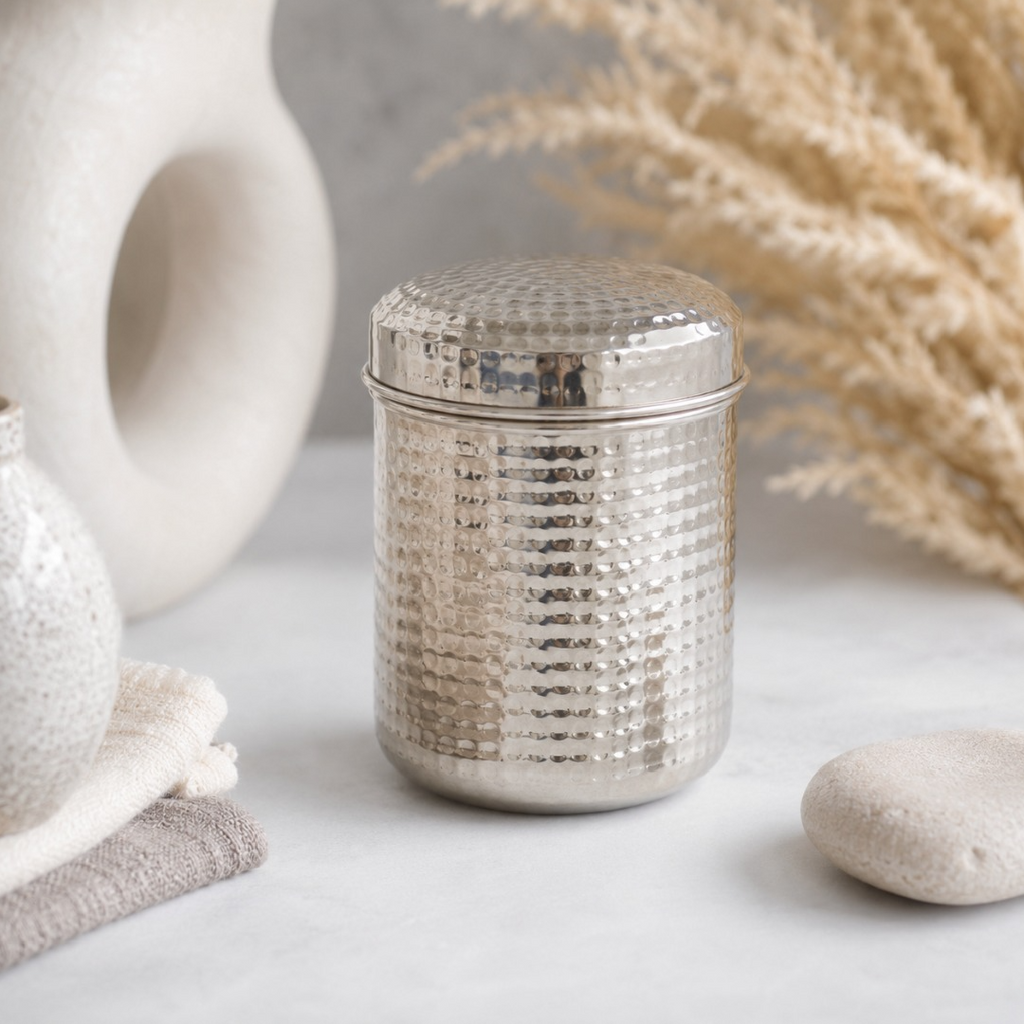 Vintage Silver Handcrafted Metal Candy Storage Jar Flip Top Dustproof Lid Eco-Friendly Modern Luxury for Presents Home Kitchen