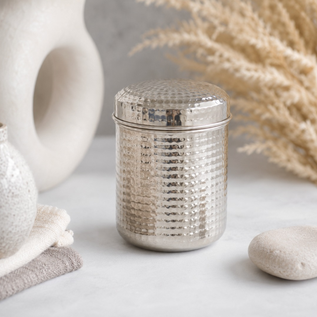 Vintage Silver Handcrafted Metal Candy Storage Jar Flip Top Dustproof Lid Eco-Friendly Modern Luxury for Presents Home Kitchen