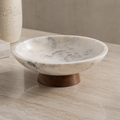 White Marble Pedestal Bowl with Wooden Base | Luxury Decorative Centerpiece