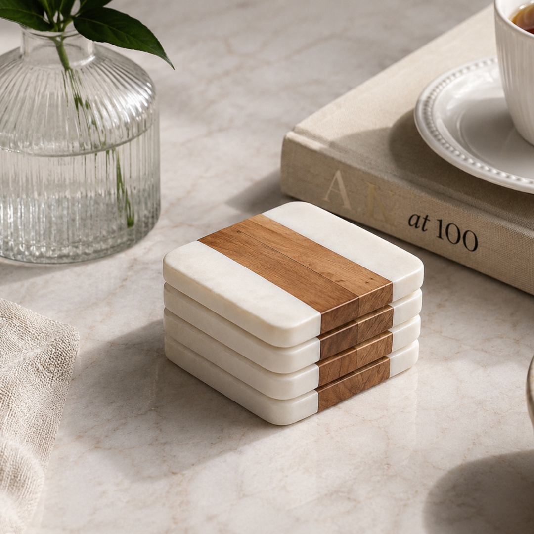 Luxury White Marble & Solid Wood Coaster Set | Handmade Natural Stone Drink Coasters | Premium Home & Hospitality Decor