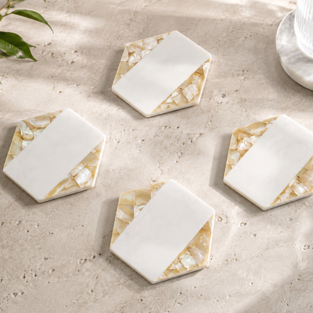White marble rectangular coasters with natural mother-of-pearl inlay border