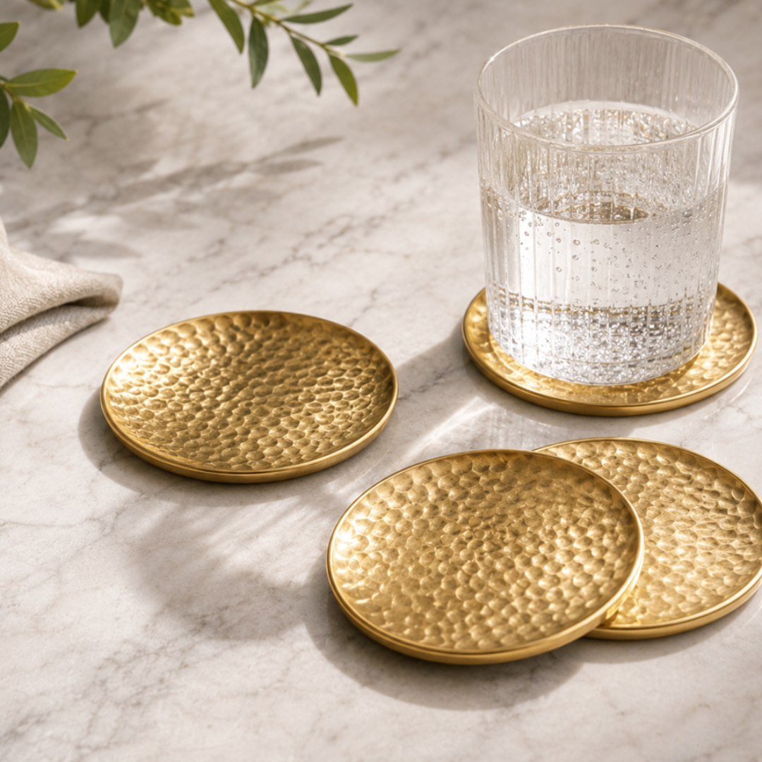 Luxury Handmade Pure Brass Hammered Coaster Set | Premium Round Metal Drink Coasters | OEM Manufacturer & Exporter