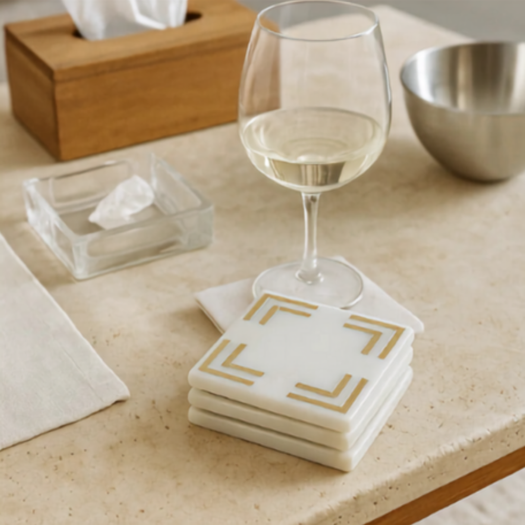 Luxury White Marble Coaster Set with Brass Inlay | Handmade Natural Stone Drink Coasters | OEM Manufacturer & Exporter - 7x7cm