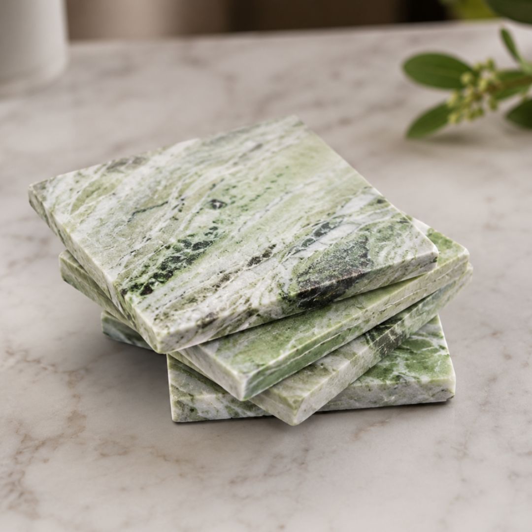 Natural marble stone square coasters with green and white veining
