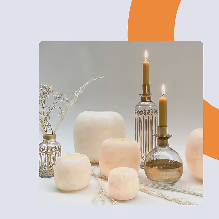 Natural Travertine Candle Holder with Brass Moon Accent